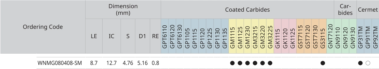 Únicamente la fila de WNMG080408-SM con sus encabezados originales