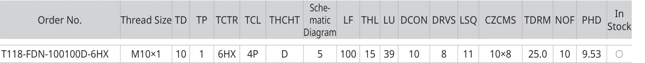 Únicamente la fila de T118-FDN-100100D-6HX con sus encabezados originales
